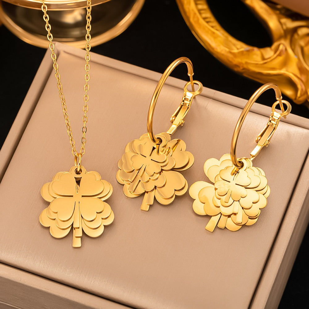 Four-Leaf Clover Necklace & Earrings Set