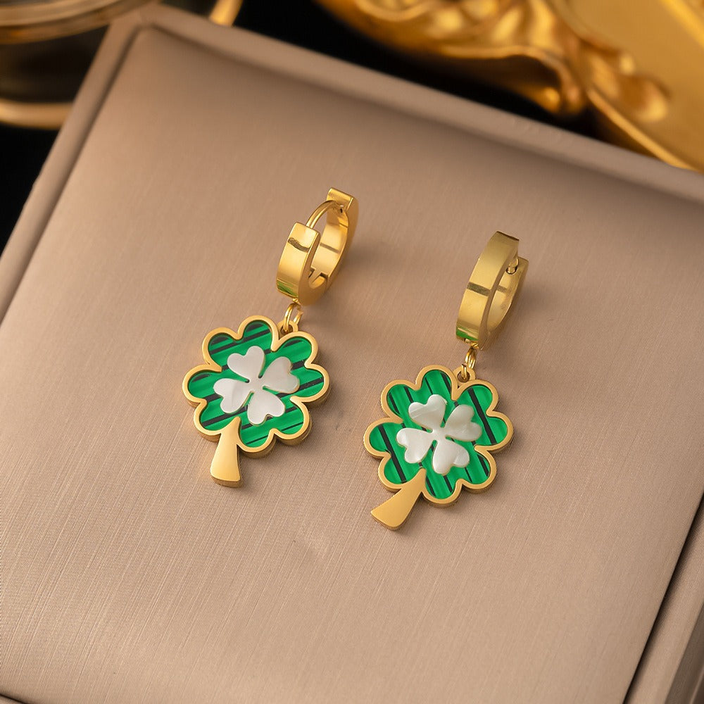 Layered Green Enamel Lucky Clover Necklace & Earrings Set