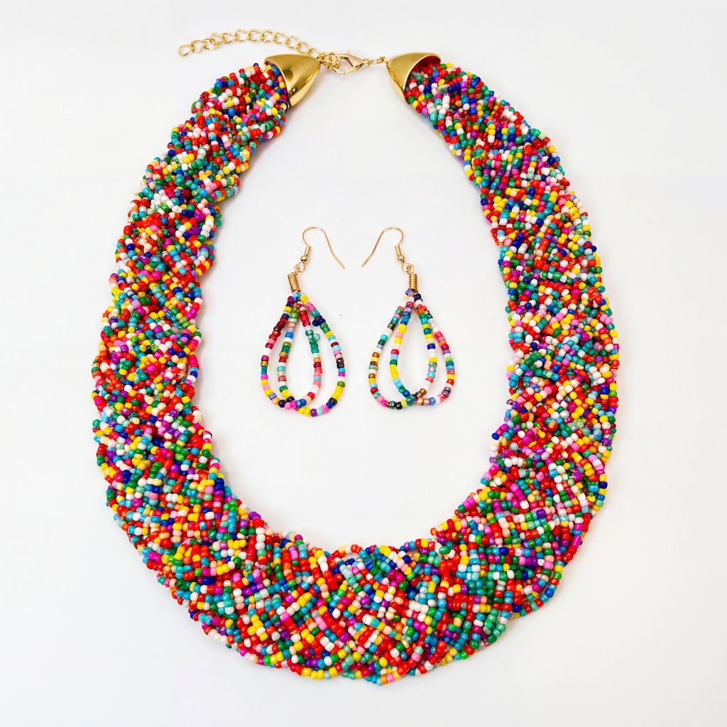 Handmade Glass Beads Bohemian Colorful Beaded Necklace & Earring Set