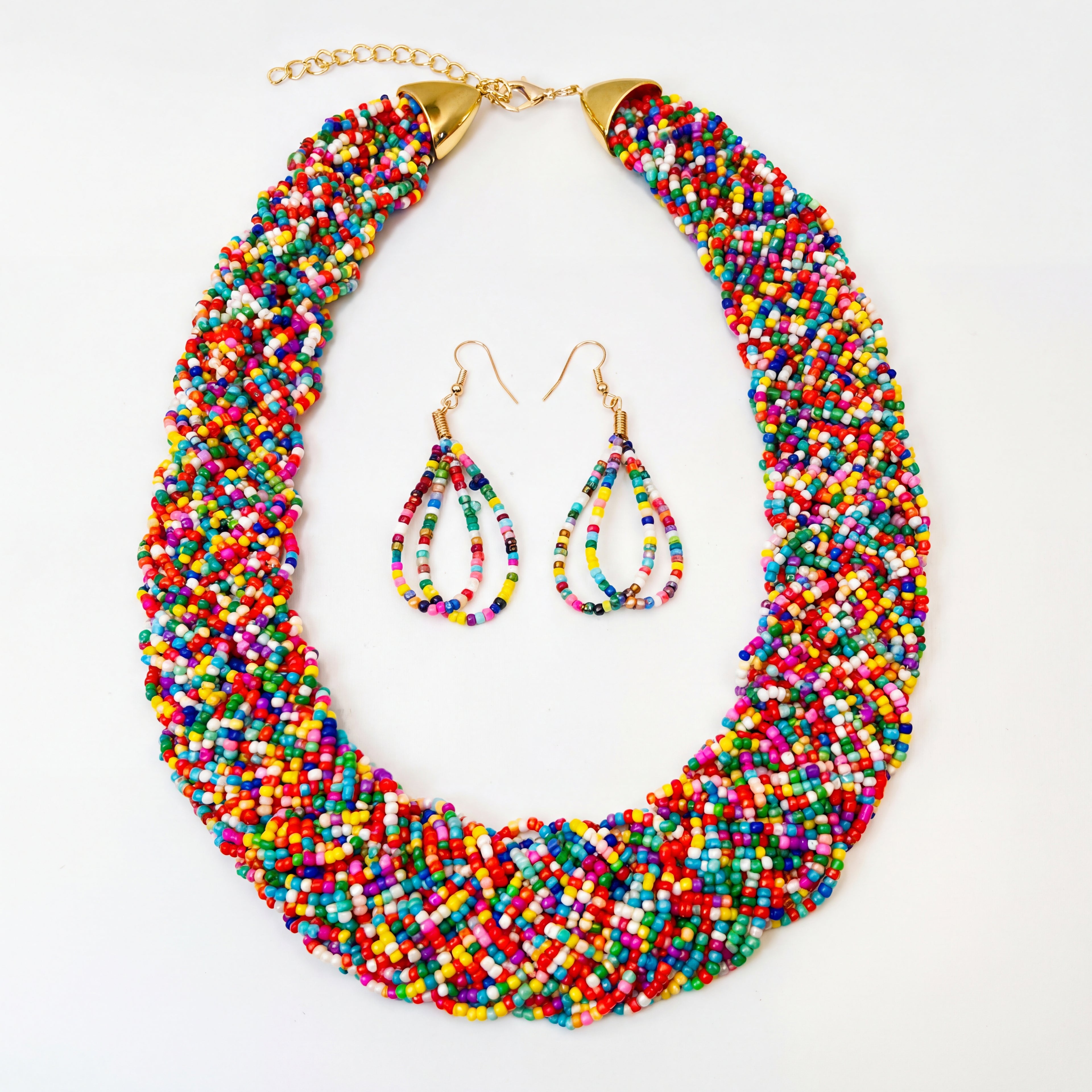Handmade Glass Beads Bohemian Colorful Beaded Necklace & Earring Set