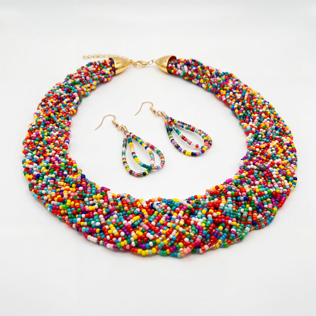 Handmade Glass Beads Bohemian Colorful Beaded Necklace & Earring Set