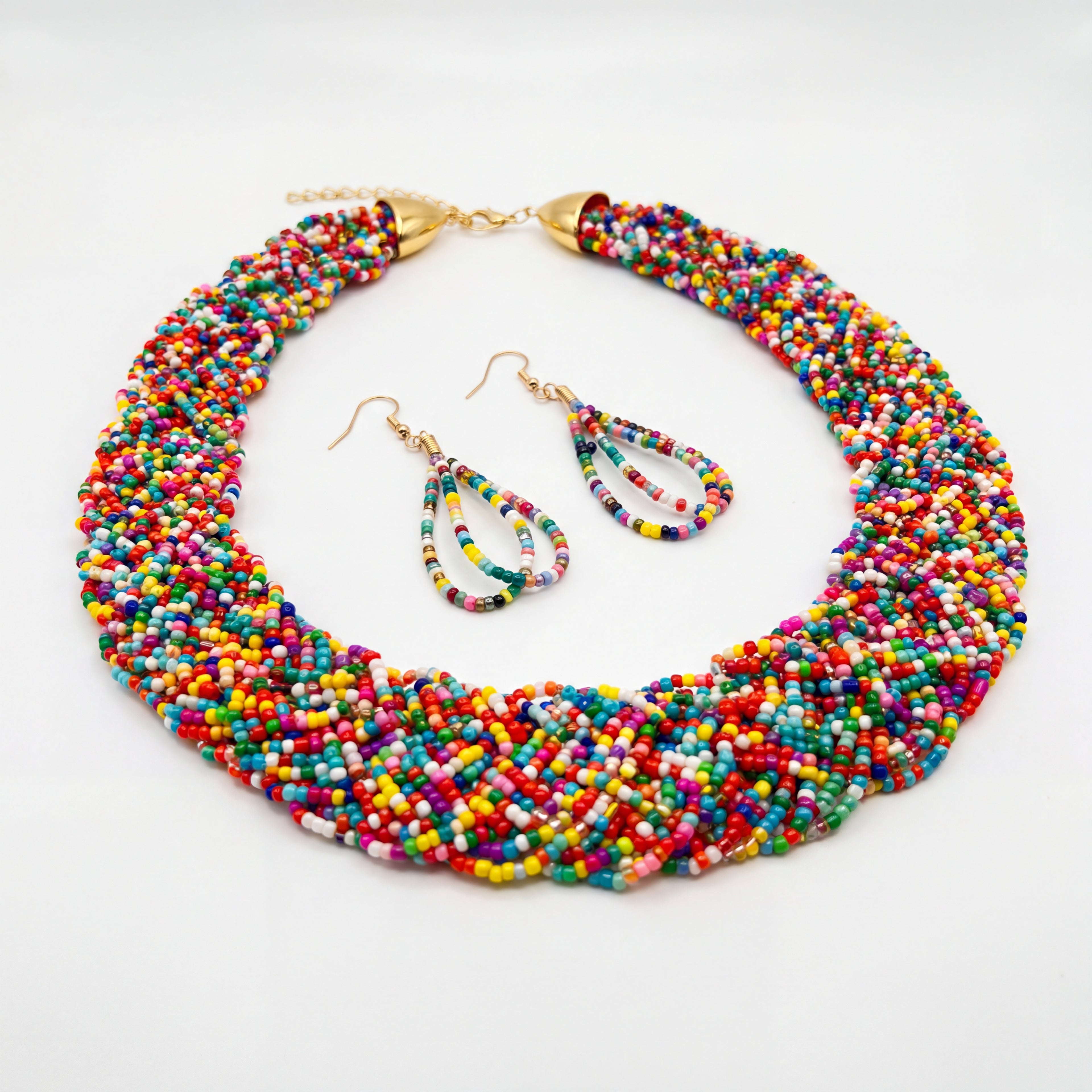 Handmade Glass Beads Bohemian Colorful Beaded Necklace & Earring Set