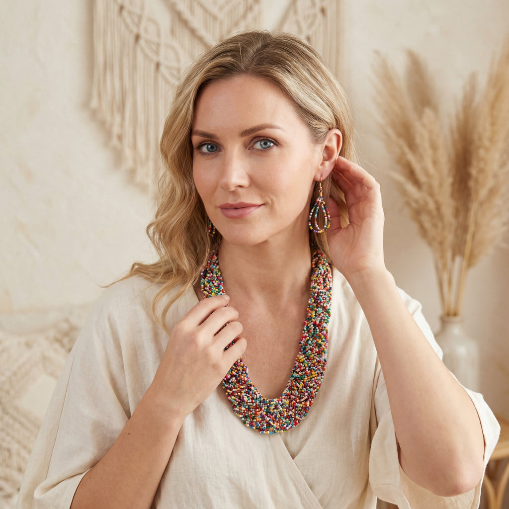 Handmade Glass Beads Bohemian Colorful Beaded Necklace & Earring Set