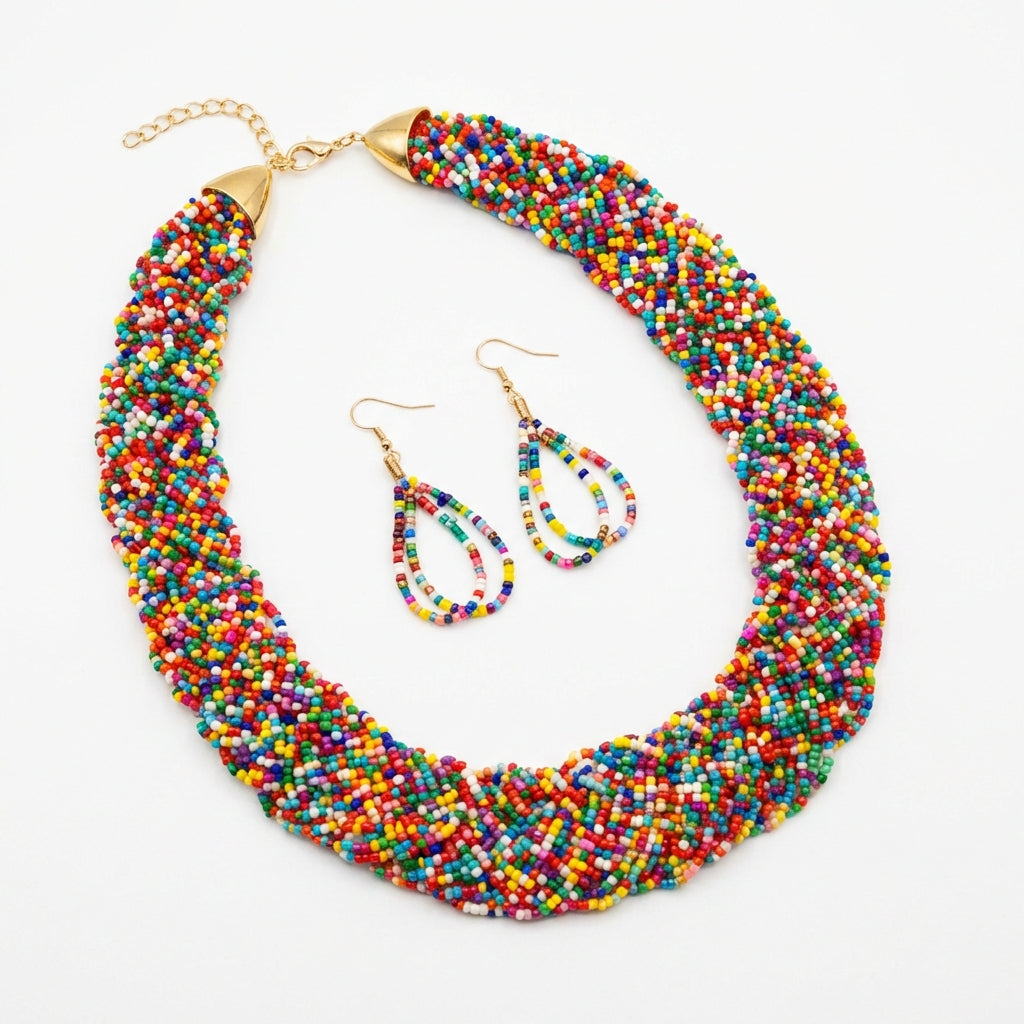 Handmade Glass Beads Bohemian Colorful Beaded Necklace & Earring Set