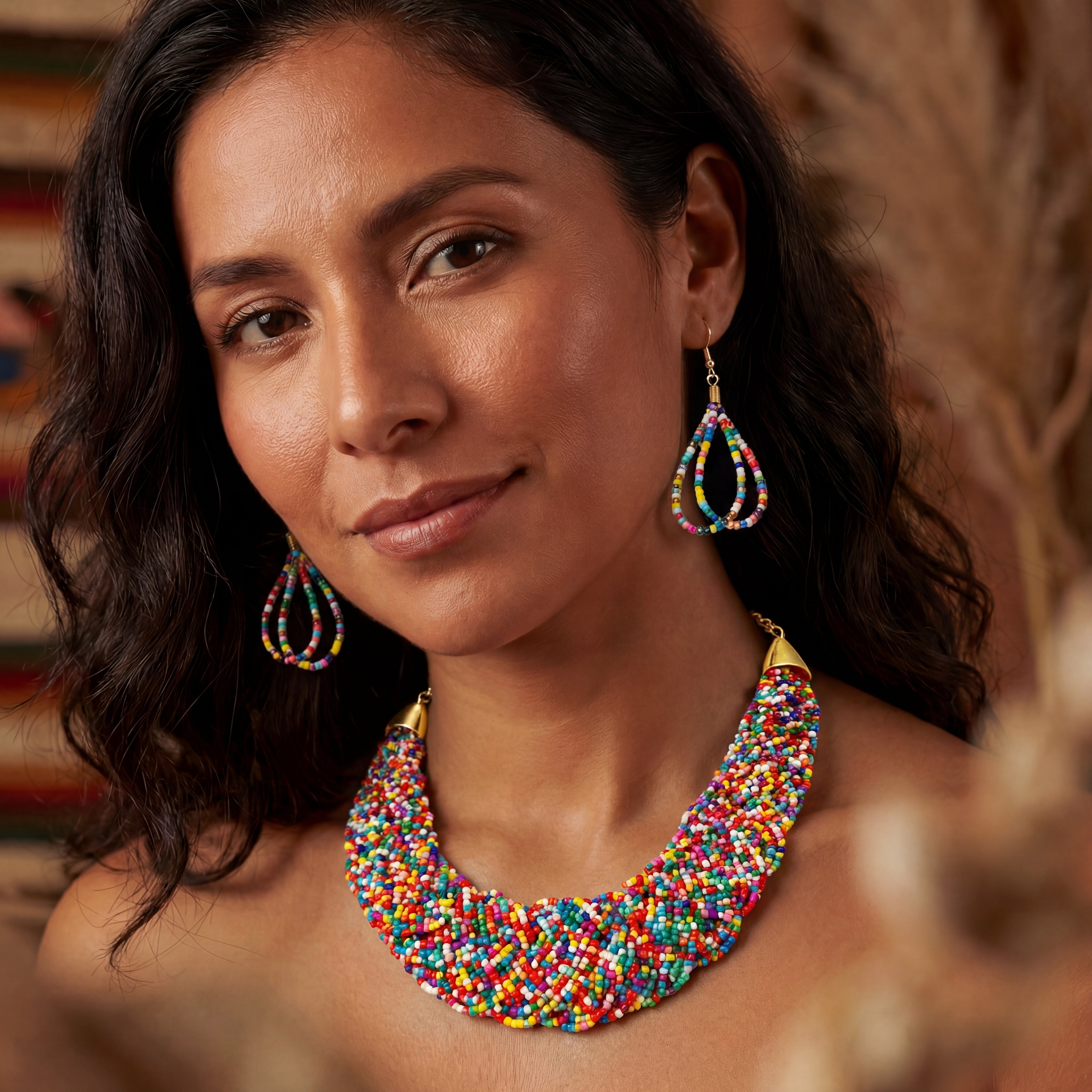 Handmade Glass Beads Bohemian Colorful Beaded Necklace & Earring Set