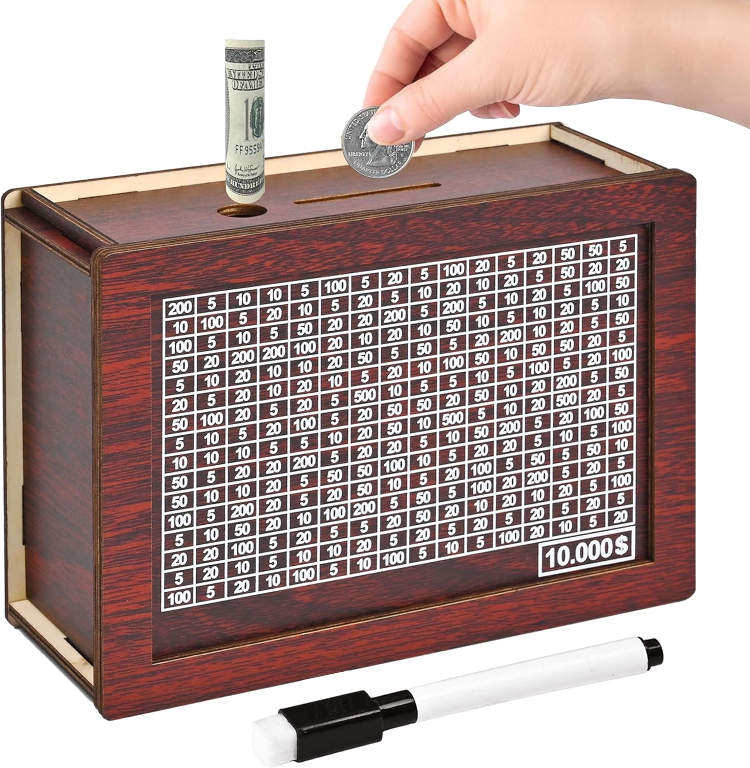Piggy Bank Savings Challenge Box Wooden Money Saving Bank for Adults and Kids Reusable 10-Carat Goals Eco-Friendly Design Square Shape Wood Material Ideal for Savings Milestones and Decor Ornaments Durable