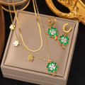 Layered Green Enamel Lucky Clover Necklace & Earrings Set