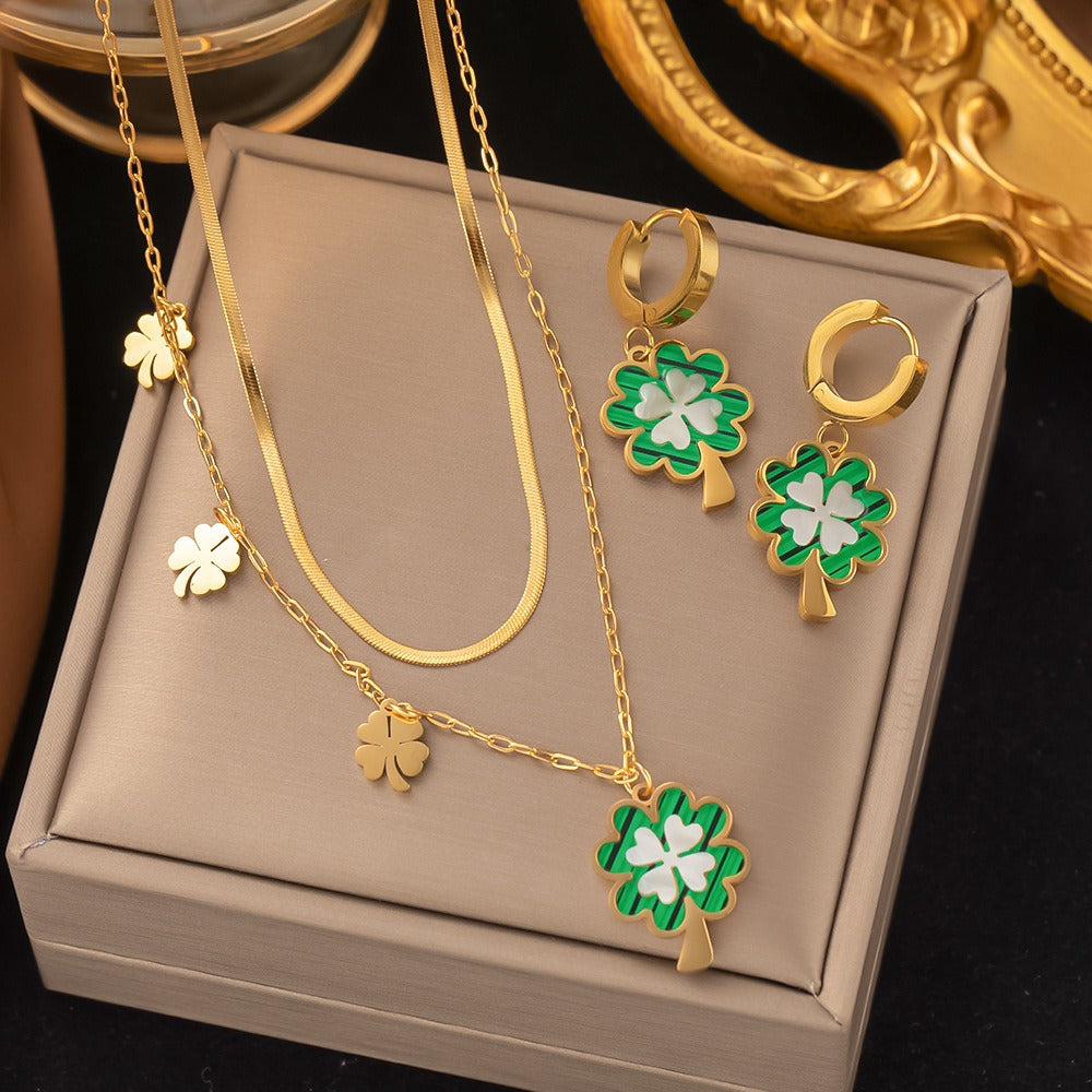Layered Green Enamel Lucky Clover Necklace & Earrings Set