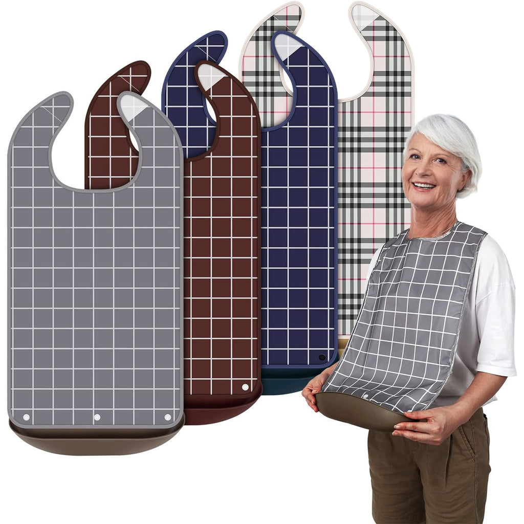 4 Pack Adult Bibs for Eating Waterproof Clothing Protector with Detachable Crumb Catcher Adult Bibs for Women and Men