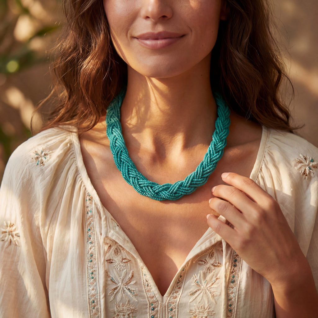 Handmade Bohemian bead necklace  , turquoise color Chaquiron .