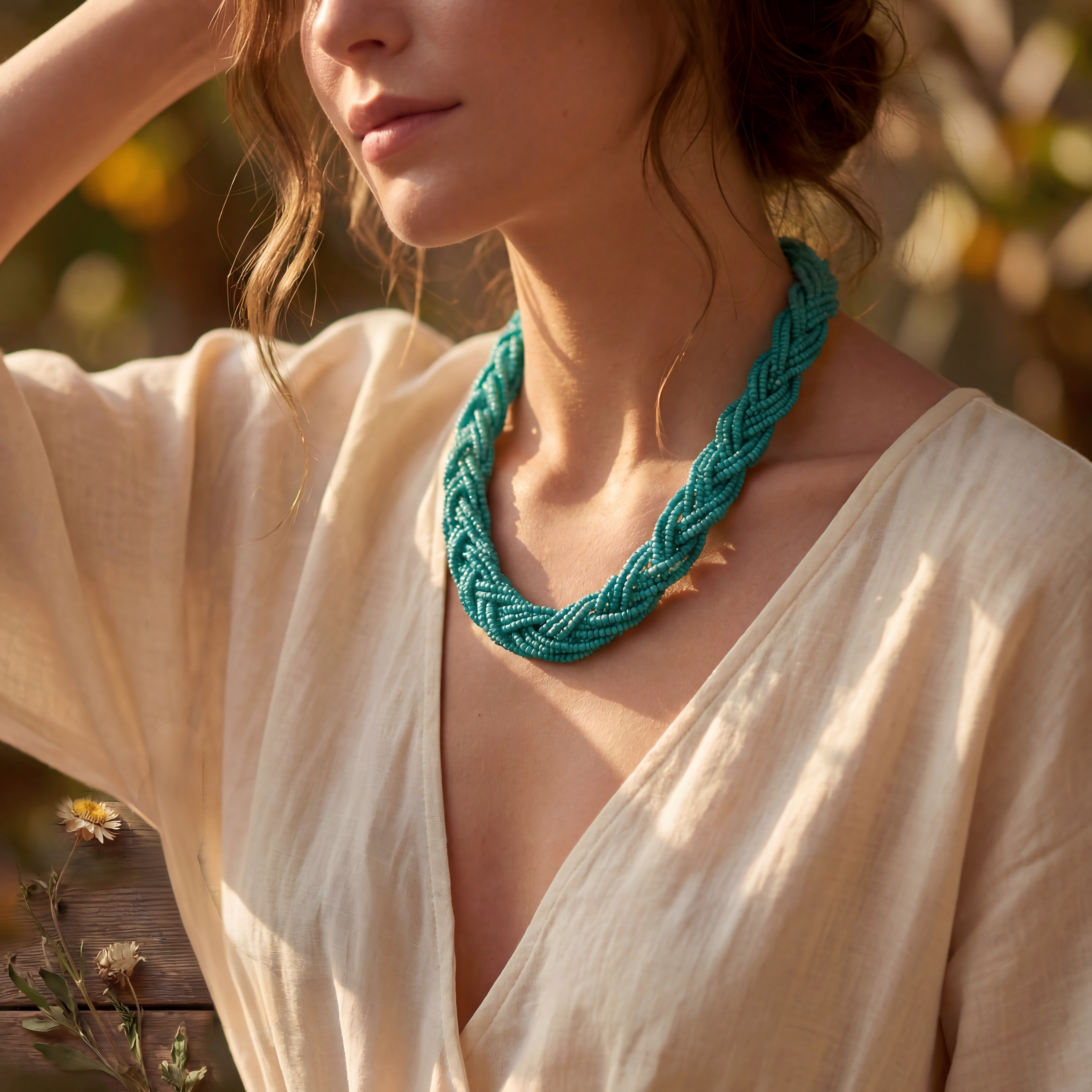 Handmade Bohemian bead necklace  , turquoise color Chaquiron .