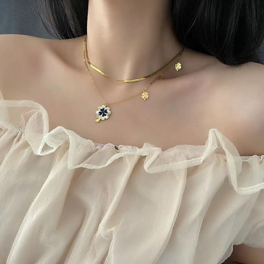 Layered Green Enamel Lucky Clover Necklace & Earrings Set