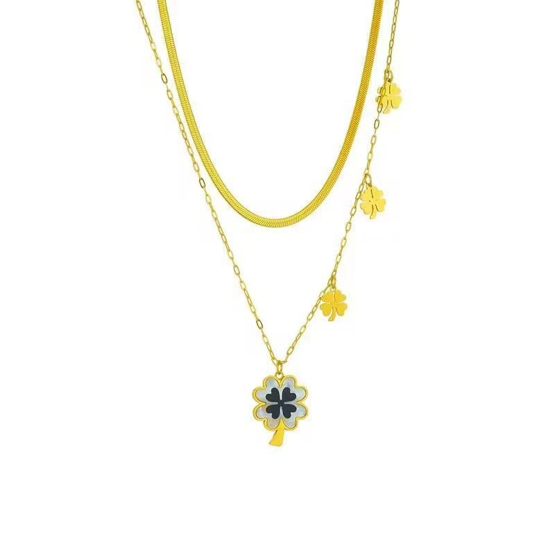 Layered Green Enamel Lucky Clover Necklace & Earrings Set