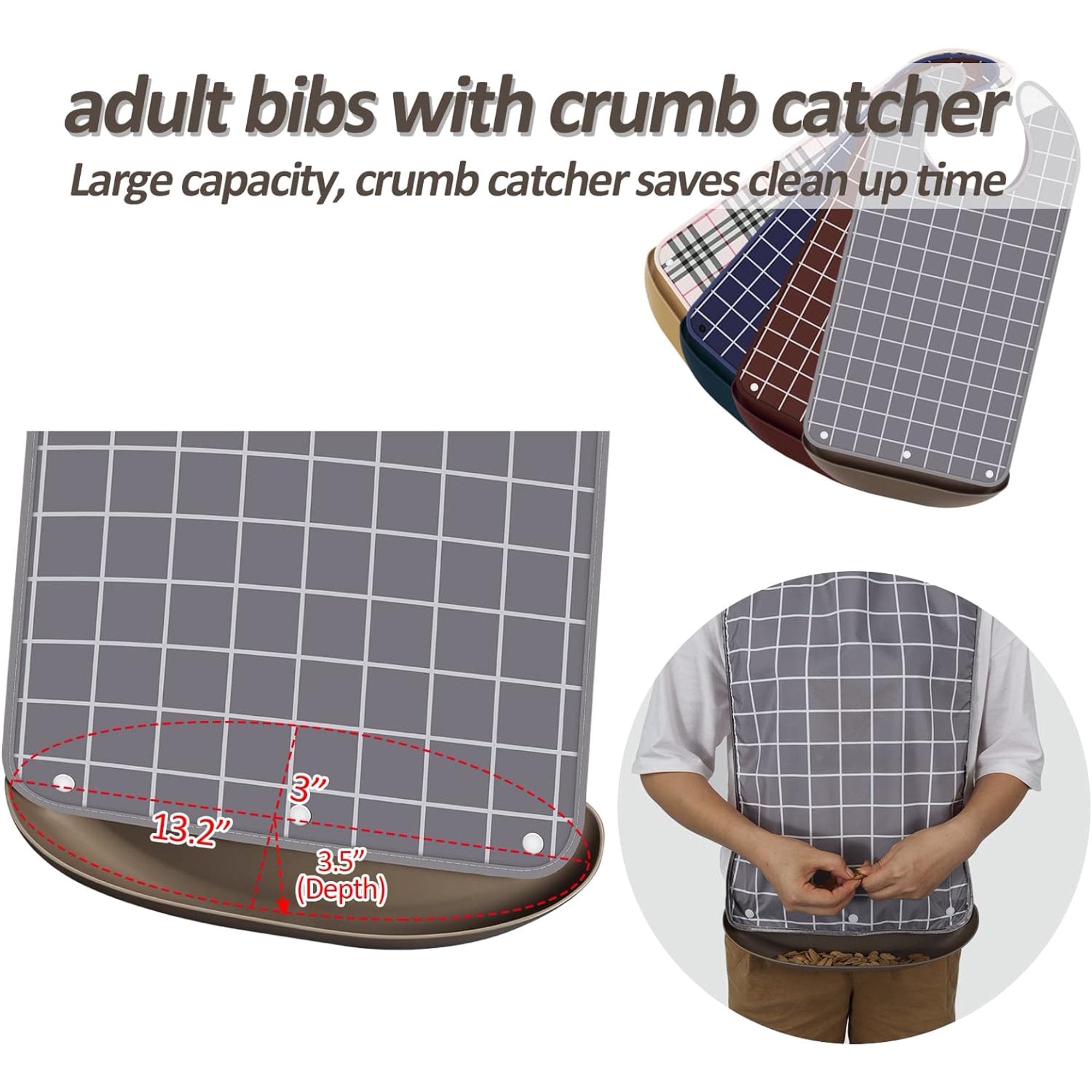 4 Pack Adult Bibs for Eating Waterproof Clothing Protector with Detachable Crumb Catcher Adult Bibs for Women and Men