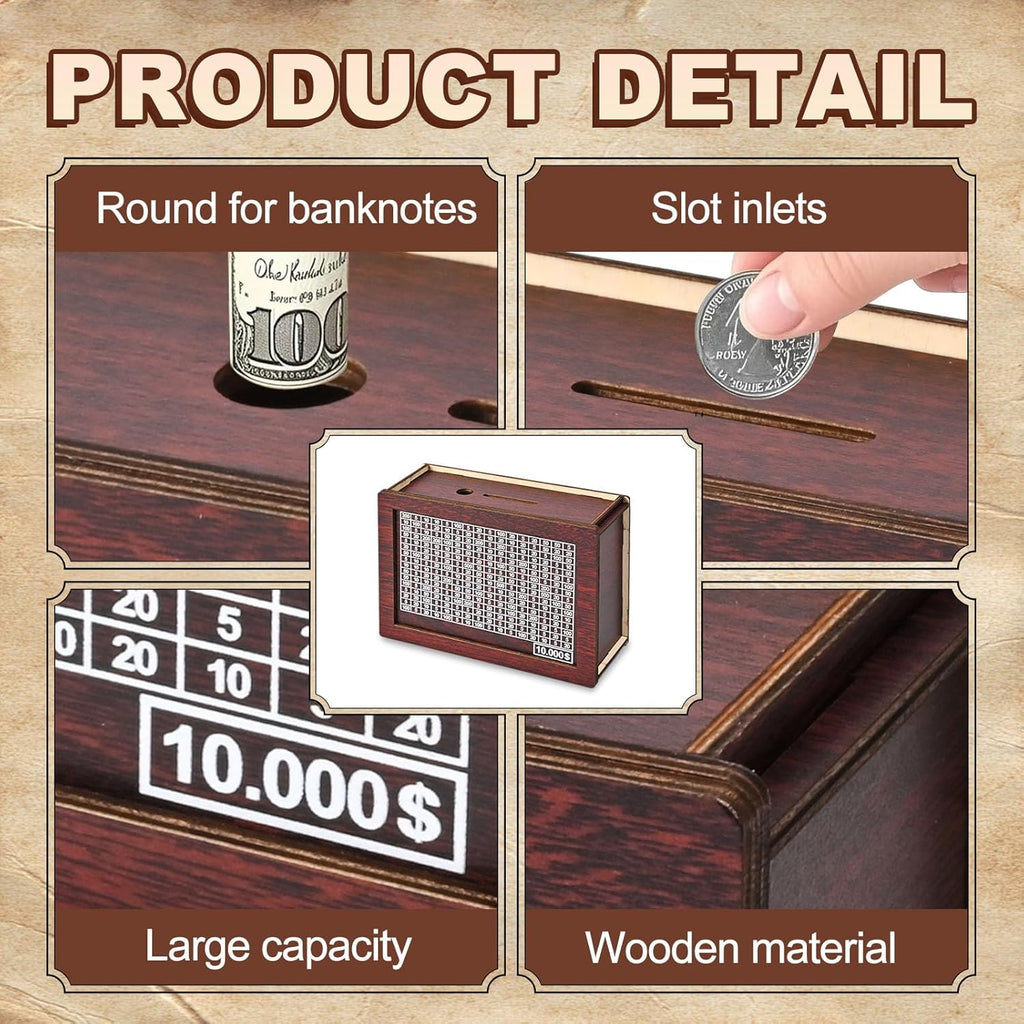 Piggy Bank Savings Challenge Box Wooden Money Saving Bank for Adults and Kids Reusable 10-Carat Goals Eco-Friendly Design Square Shape Wood Material Ideal for Savings Milestones and Decor Ornaments Durable
