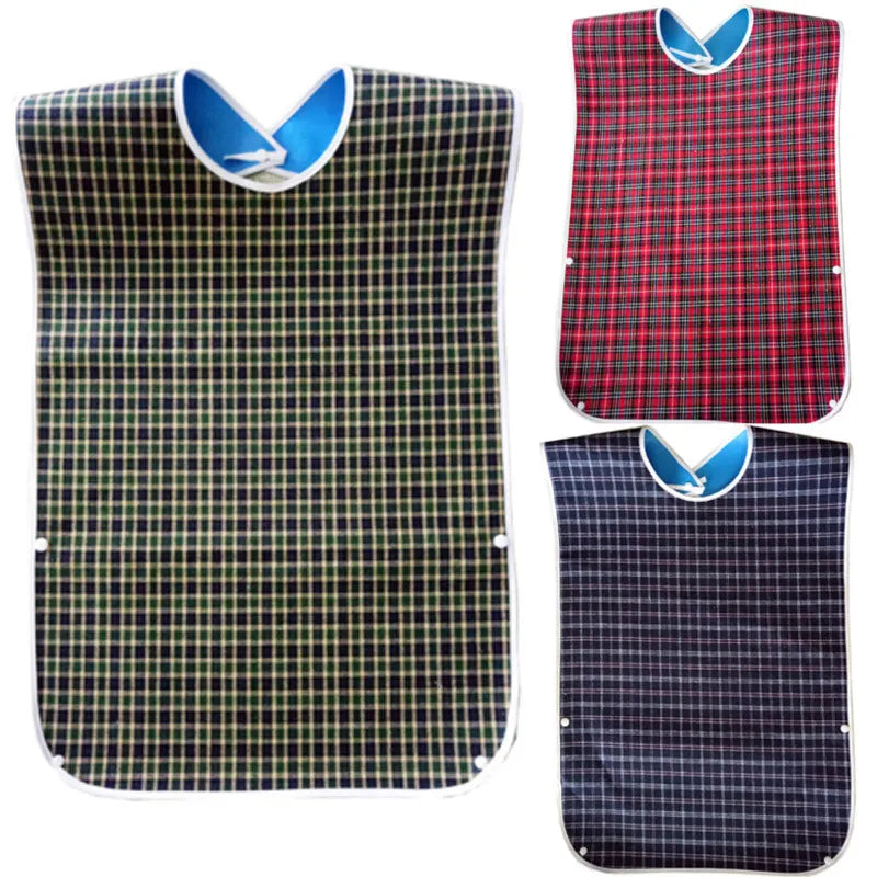 3 PCS Unisex Adult Bibs Green Red Navy Blue Reusable Large Bibs with Detachable Crumb Catcher Washable Waterproof Clothing Protector Lattice Pattern Feeding Bib for Men Women Elderly Seniors - Set