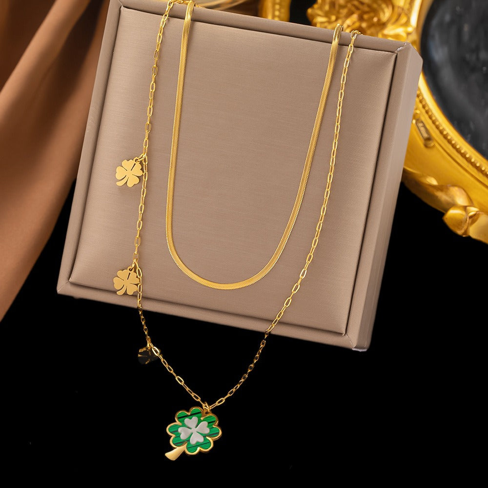 Layered Green Enamel Lucky Clover Necklace & Earrings Set