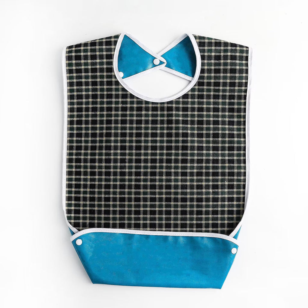 3 PCS Unisex Adult Bibs Green Red Navy Blue Reusable Large Bibs with Detachable Crumb Catcher Washable Waterproof Clothing Protector Lattice Pattern Feeding Bib for Men Women Elderly Seniors - Set