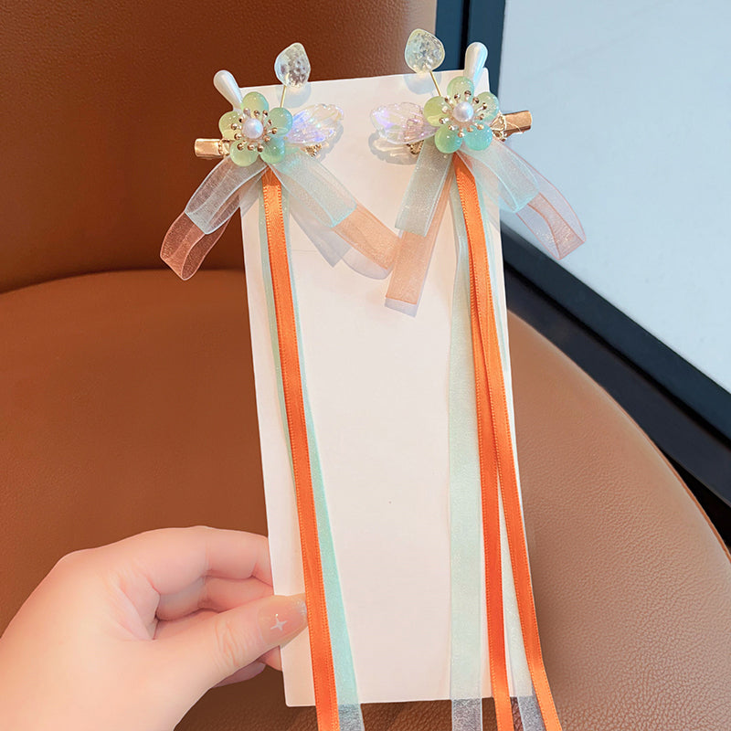 2 Handmade Tassel Ribbon Bowknot Hair Clips with Long Tail & Floral Decorations for Stylish Hair Accessories