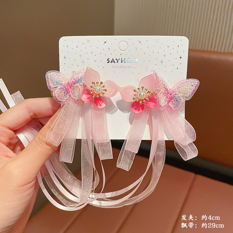 2 Handmade Tassel Ribbon Bowknot Hair Clips with Long Tail & Floral Decorations for Stylish Hair Accessories