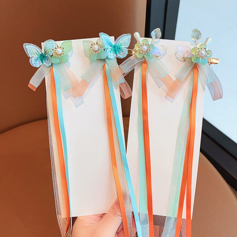 2 Handmade Tassel Ribbon Bowknot Hair Clips with Long Tail & Floral Decorations for Stylish Hair Accessories