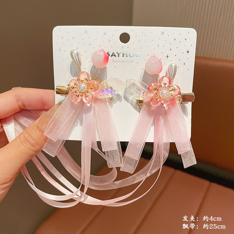2 Handmade Tassel Ribbon Bowknot Hair Clips with Long Tail & Floral Decorations for Stylish Hair Accessories