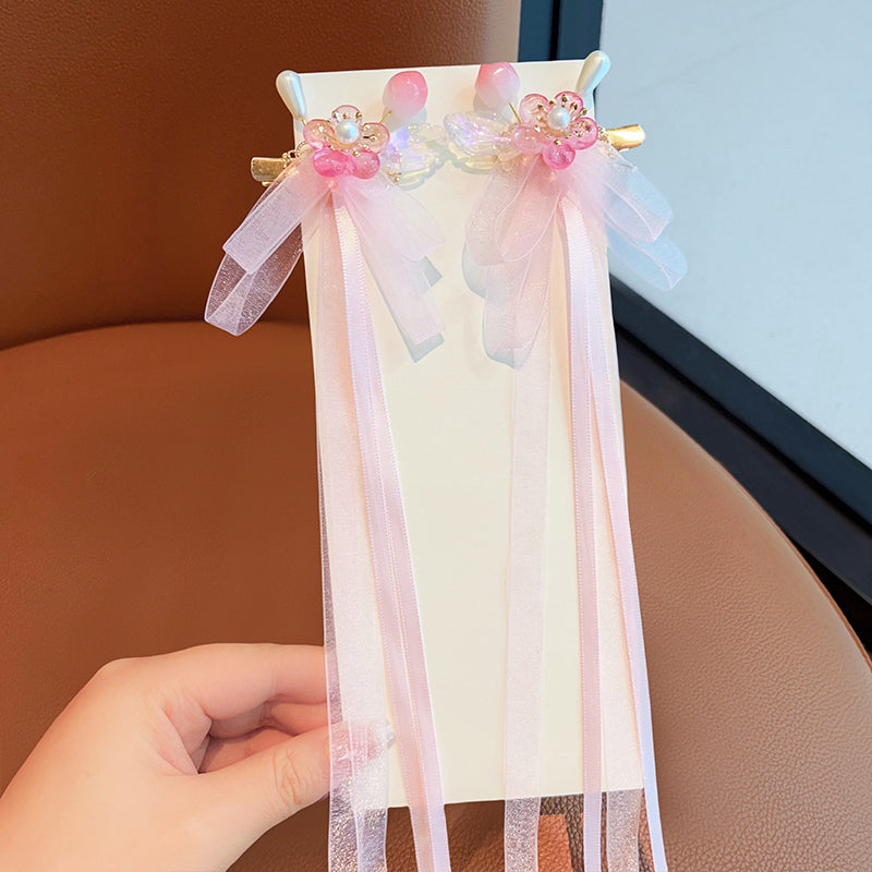 2 Handmade Tassel Ribbon Bowknot Hair Clips with Long Tail & Floral Decorations for Stylish Hair Accessories
