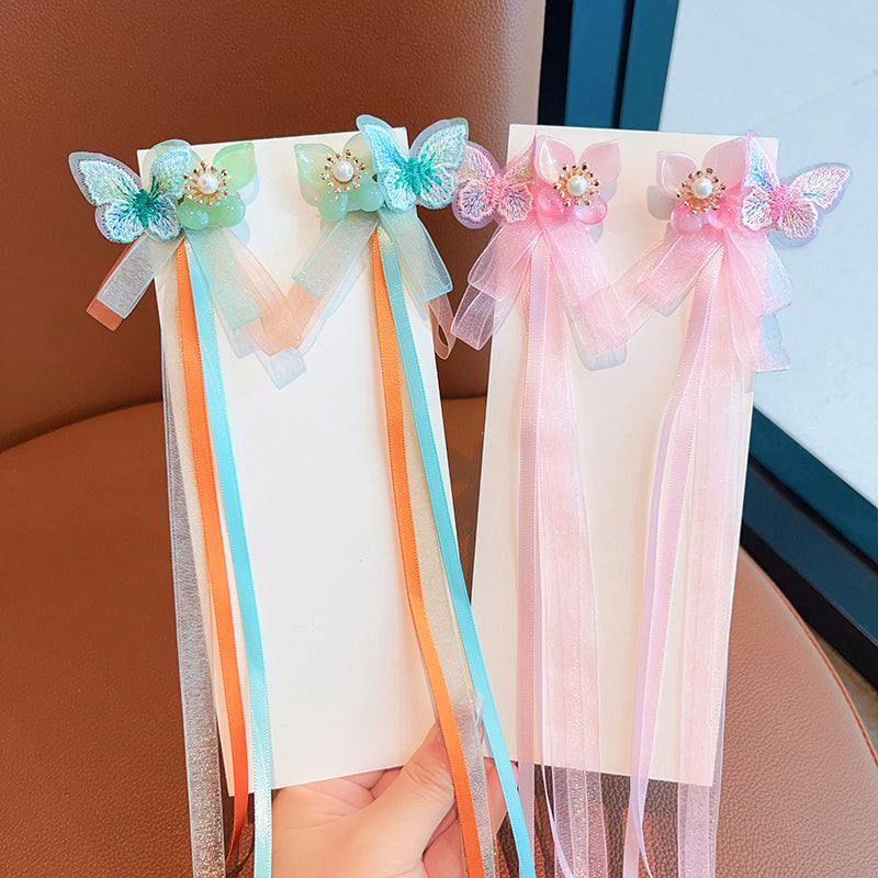 2 Handmade Tassel Ribbon Bowknot Hair Clips with Long Tail & Floral Decorations for Stylish Hair Accessories