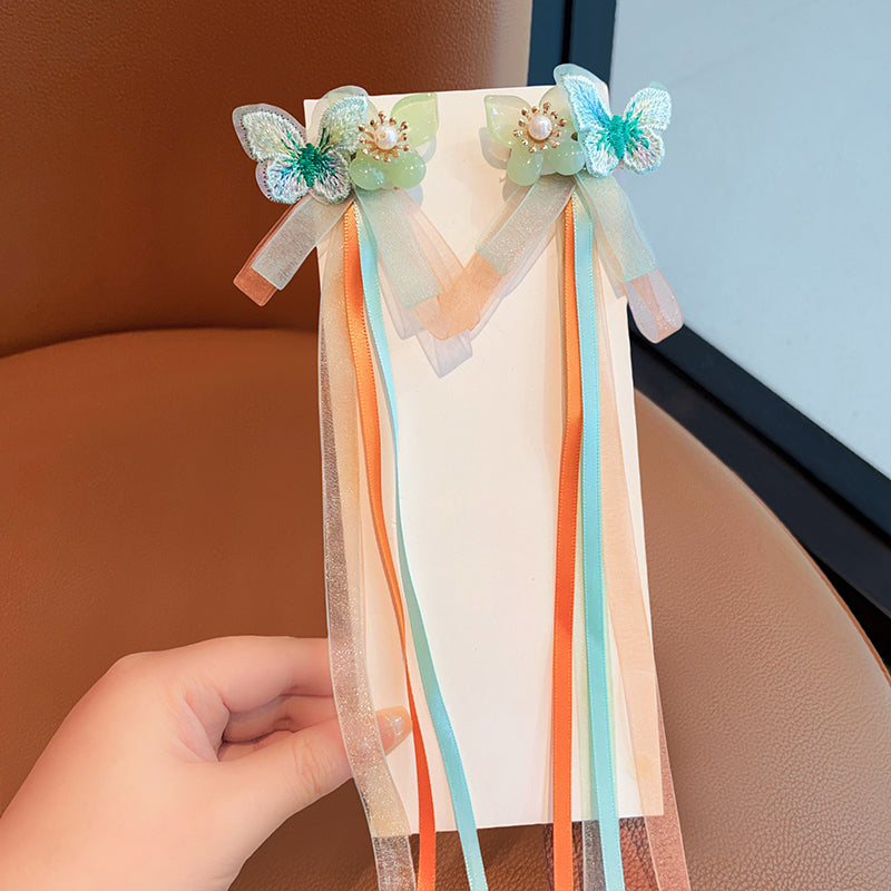 2 Handmade Tassel Ribbon Bowknot Hair Clips with Long Tail & Floral Decorations for Stylish Hair Accessories