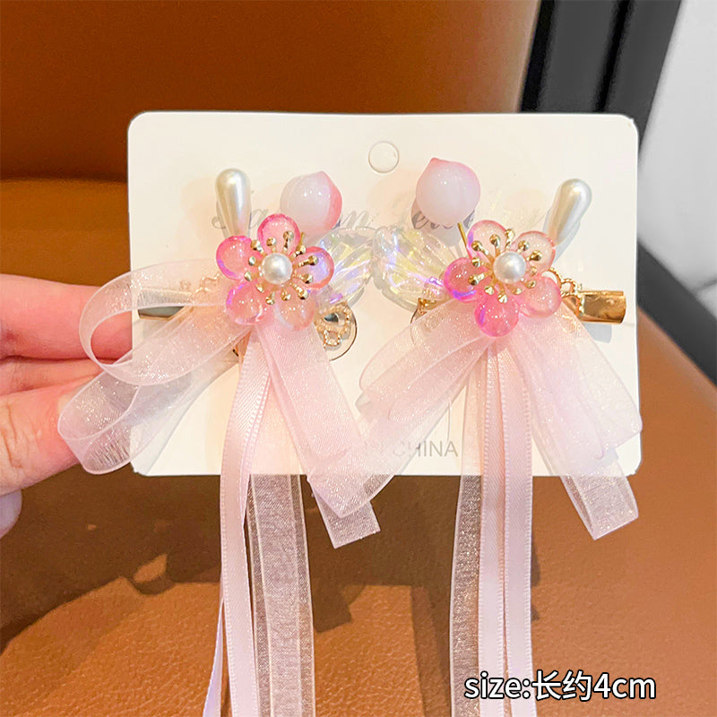 2 Handmade Tassel Ribbon Bowknot Hair Clips with Long Tail & Floral Decorations for Stylish Hair Accessories