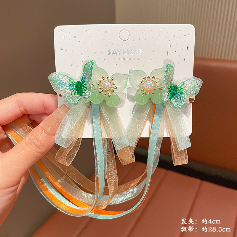 2 Handmade Tassel Ribbon Bowknot Hair Clips with Long Tail & Floral Decorations for Stylish Hair Accessories